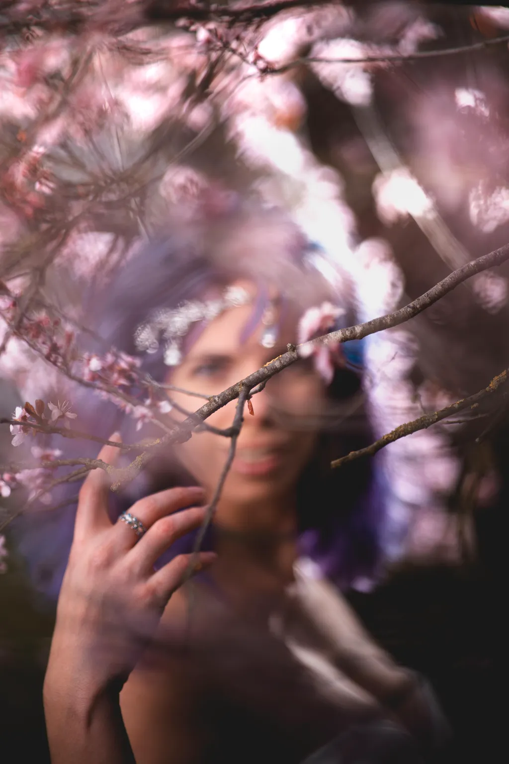 Artistic Luxembourg portrait viewed through blurred blossoms, model's face softly revealed behind a branch