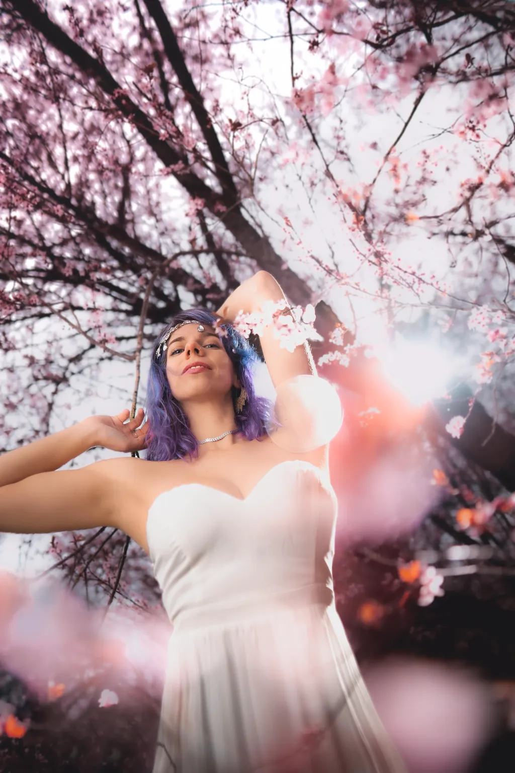 Low-angle spring portrait of a model in white gown, arm raised toward a sunlit canopy of pink blossoms